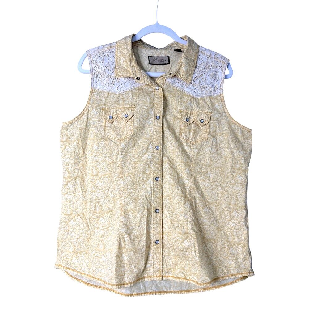 Womens Yellow Country Western Top Sz L Concert Cowgirl Rodeo Lace Paisley Cotton